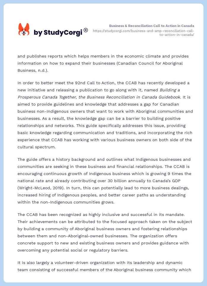 Business & Reconciliation Call to Action in Canada. Page 2