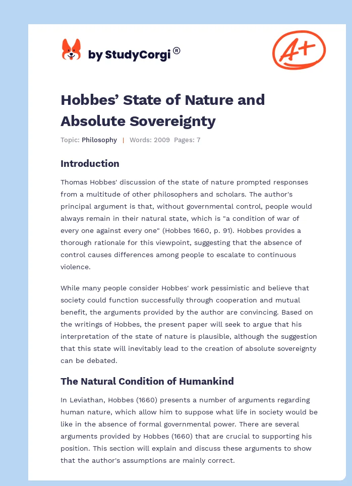 Hobbes’ State of Nature and Absolute Sovereignty. Page 1