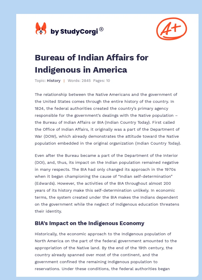 Bureau of Indian Affairs for Indigenous in America. Page 1