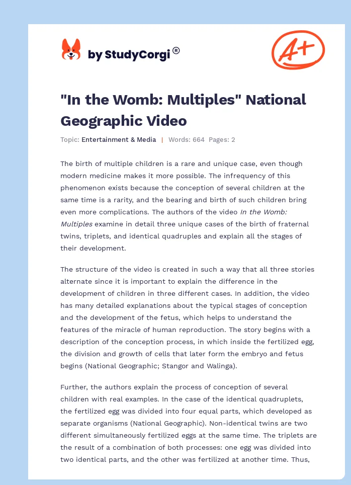 "In the Womb: Multiples" National Geographic Video. Page 1