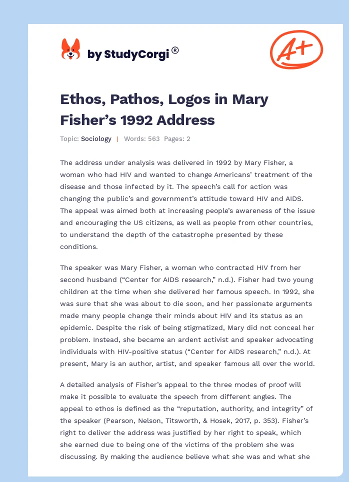 Ethos, Pathos, Logos in Mary Fisher’s 1992 Address. Page 1