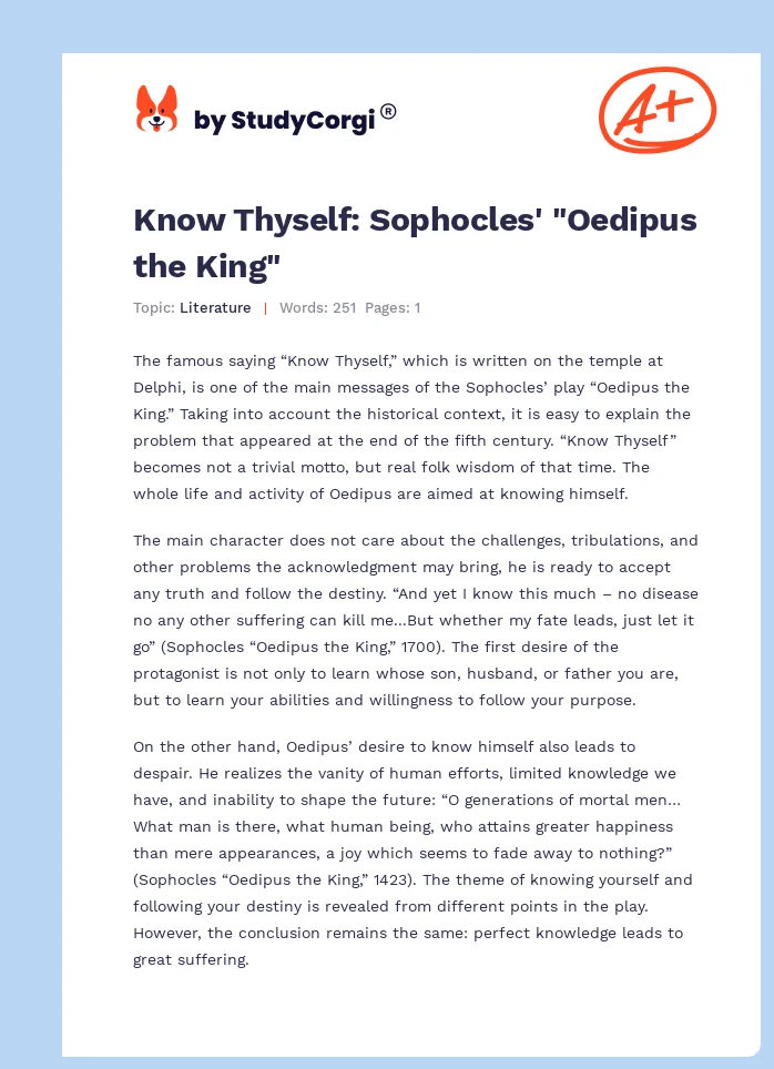 Know Thyself: Sophocles' "Oedipus the King". Page 1