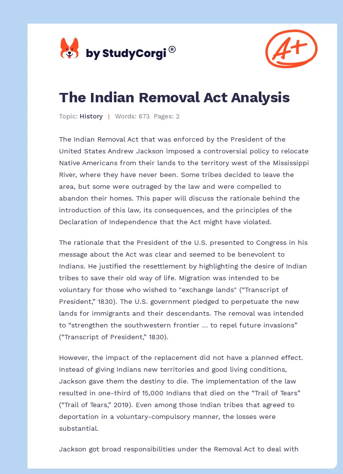 The Indian Removal Act Analysis. Page 1