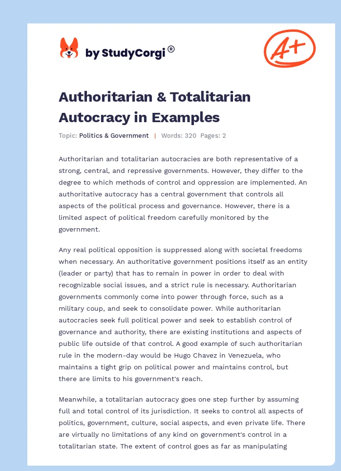 Authoritarian & Totalitarian Autocracy in Examples. Page 1