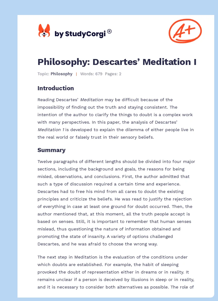 Philosophy: Descartes’ Meditation I. Page 1