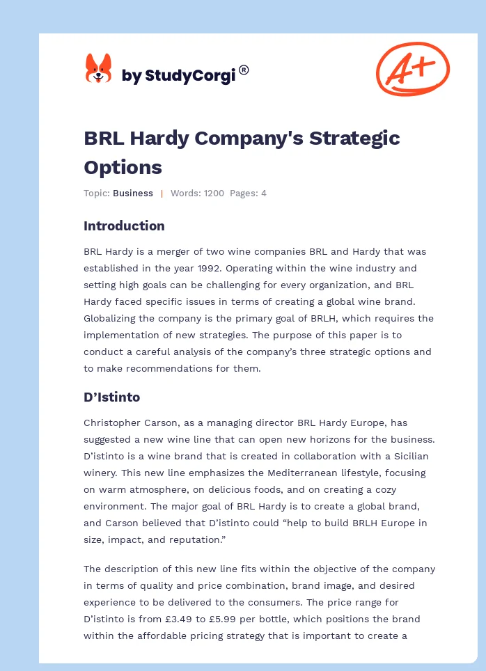 BRL Hardy Company's Strategic Options. Page 1