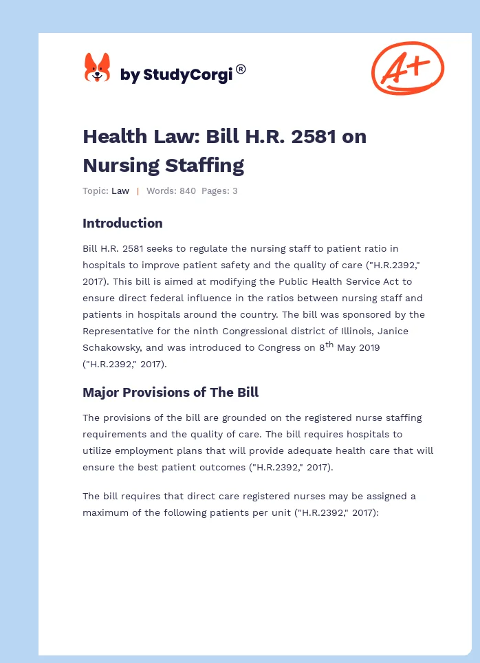 Health Law: Bill H.R. 2581 on Nursing Staffing. Page 1