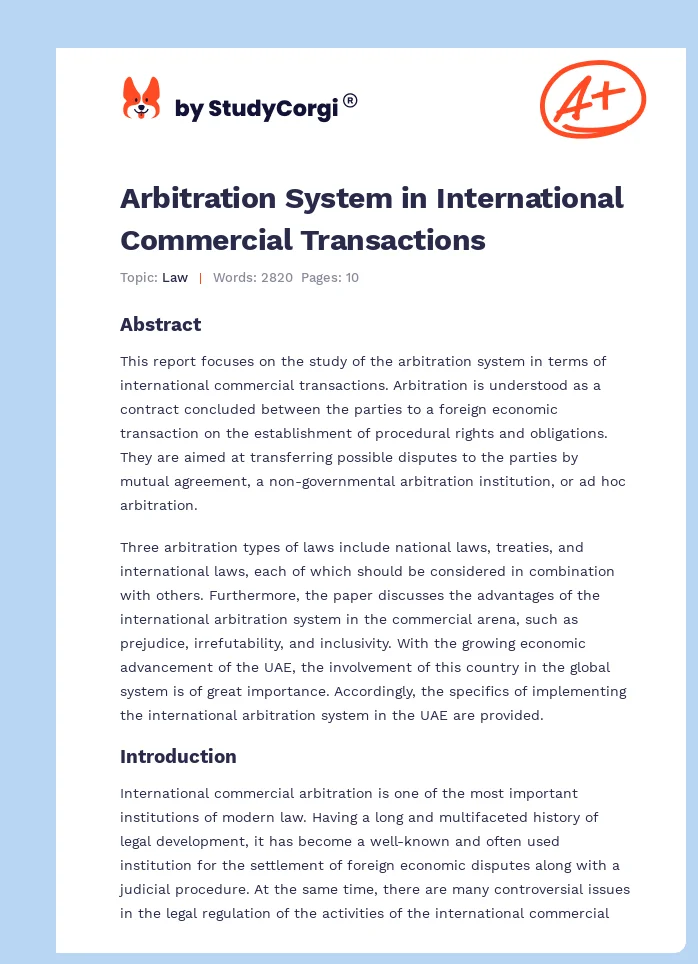 Arbitration System in International Commercial Transactions. Page 1
