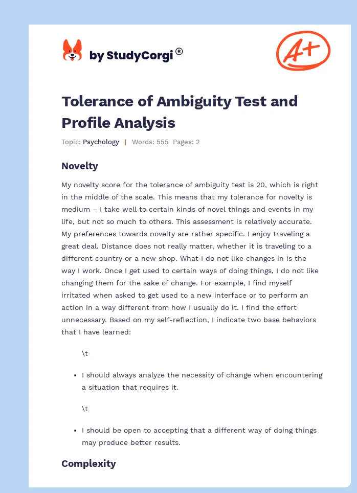 Tolerance of Ambiguity Test and Profile Analysis. Page 1