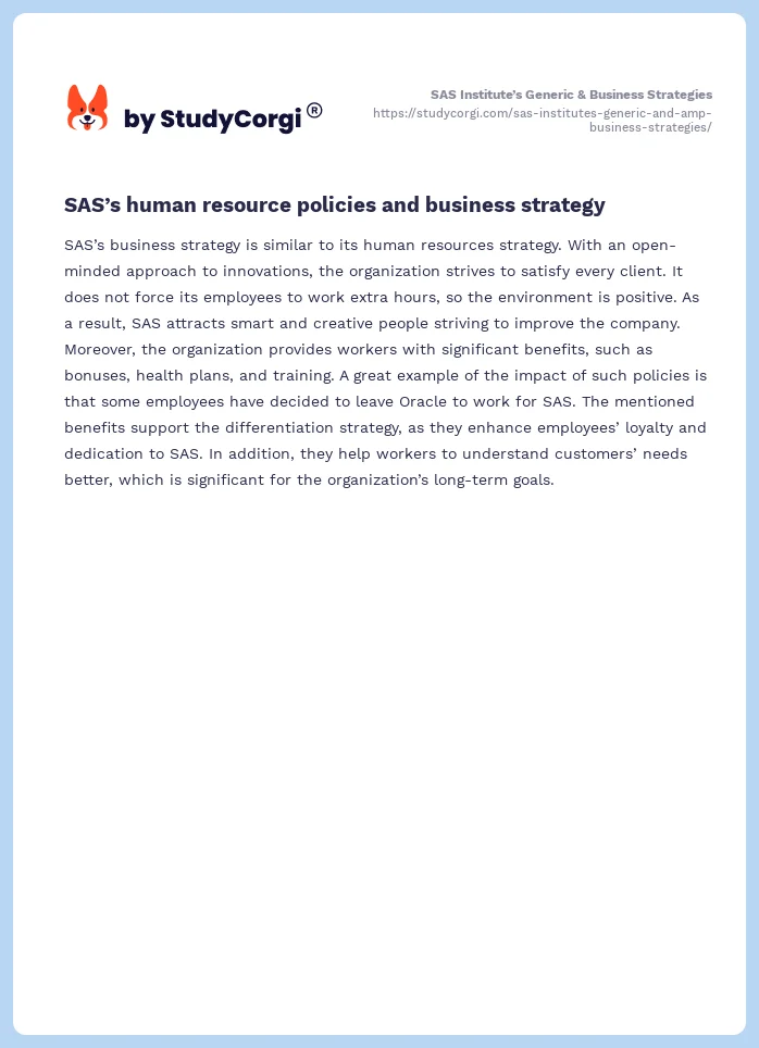 SAS Institute’s Generic & Business Strategies. Page 2