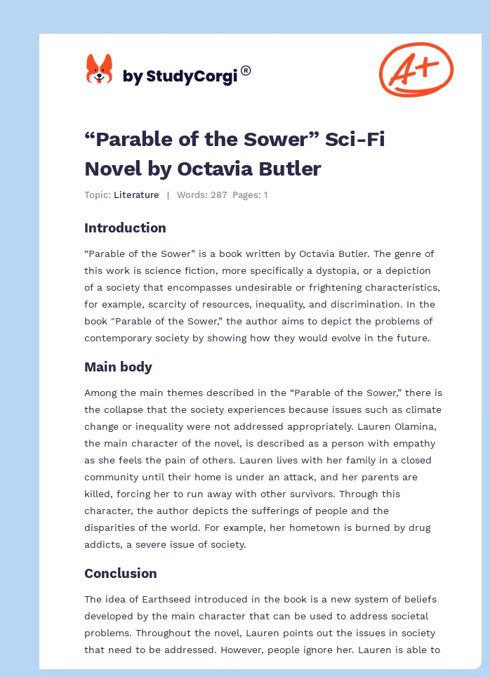 “Parable of the Sower” Sci-Fi Novel by Octavia Butler. Page 1