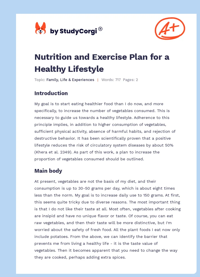 Nutrition and Exercise Plan for a Healthy Lifestyle. Page 1