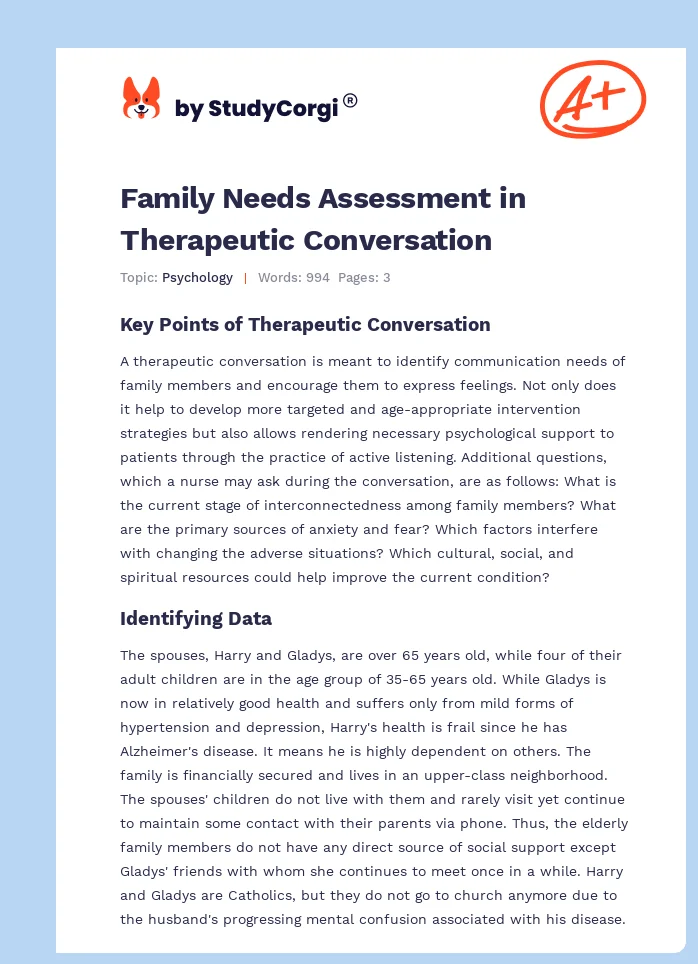 Family Needs Assessment in Therapeutic Conversation. Page 1