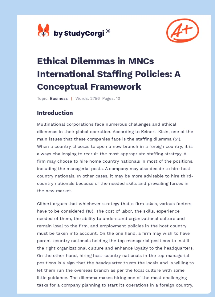 Ethical Dilemmas in MNCs International Staffing Policies: A Conceptual Framework. Page 1