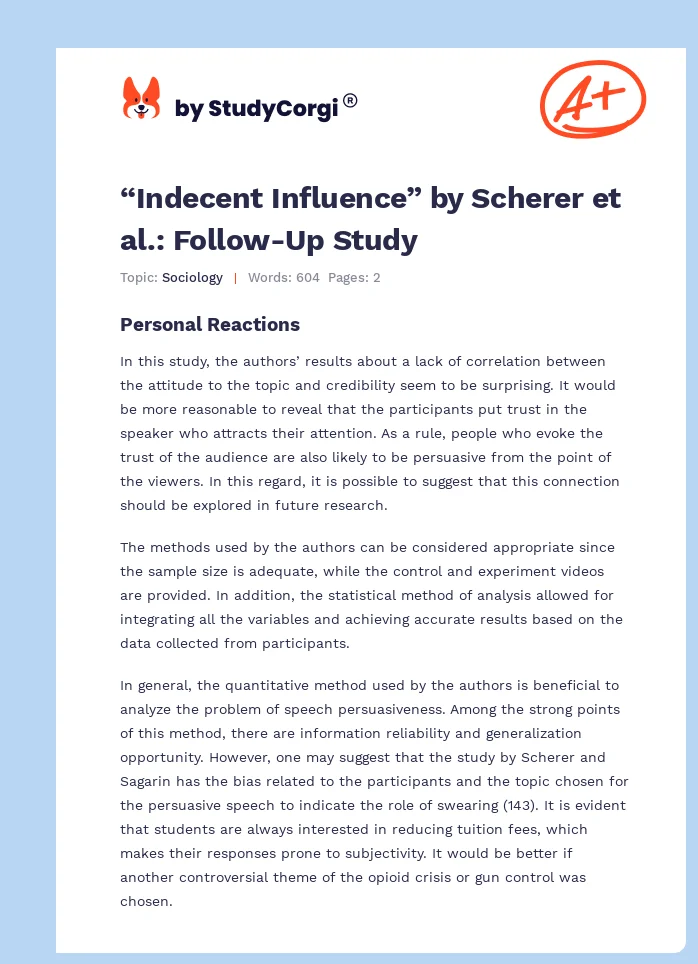 “Indecent Influence” by Scherer et al.: Follow-Up Study. Page 1