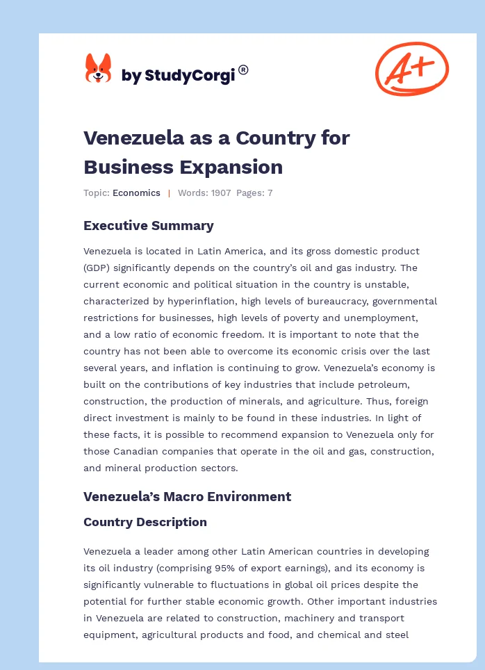 Venezuela as a Country for Business Expansion. Page 1