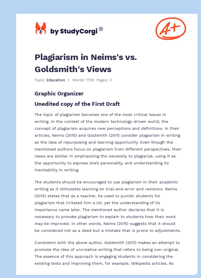 Plagiarism in Neims's vs. Goldsmith's Views. Page 1