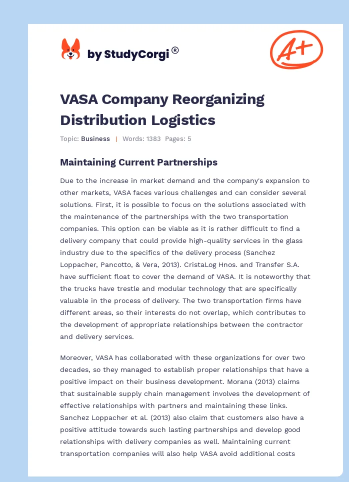 VASA Company Reorganizing Distribution Logistics. Page 1