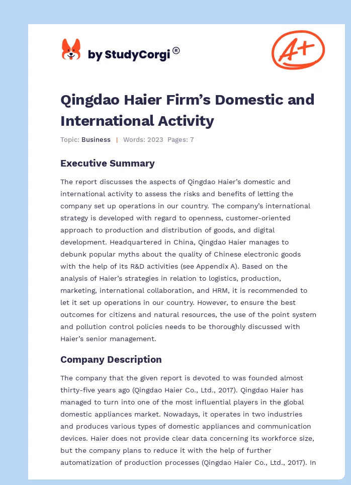 Qingdao Haier Firm’s Domestic and International Activity. Page 1