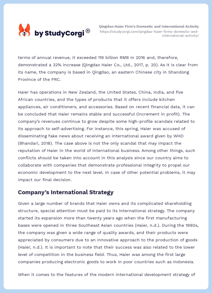 Qingdao Haier Firm’s Domestic and International Activity. Page 2
