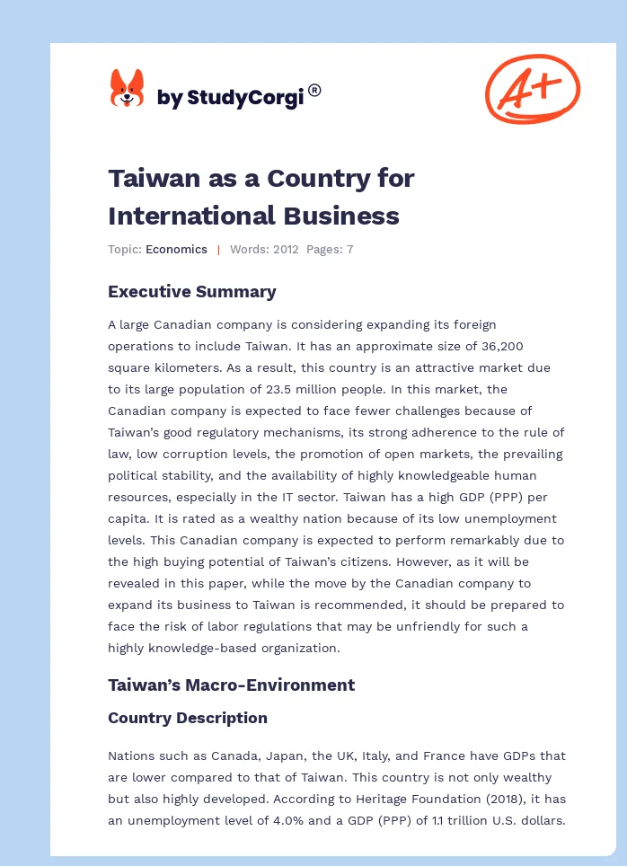 Taiwan as a Country for International Business. Page 1