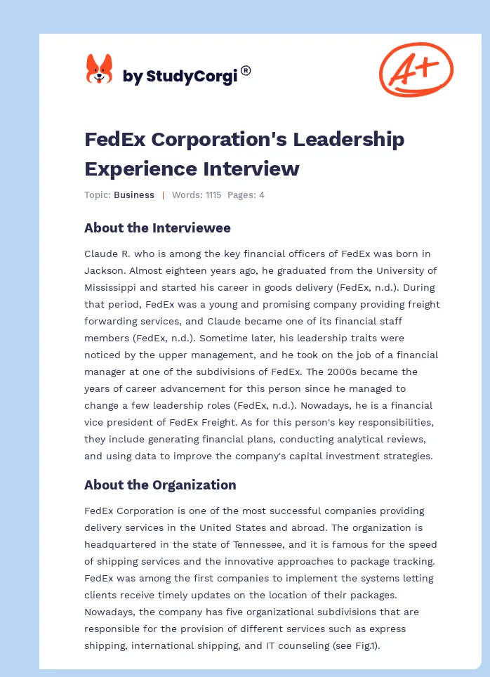 FedEx Corporation's Leadership Experience Interview. Page 1