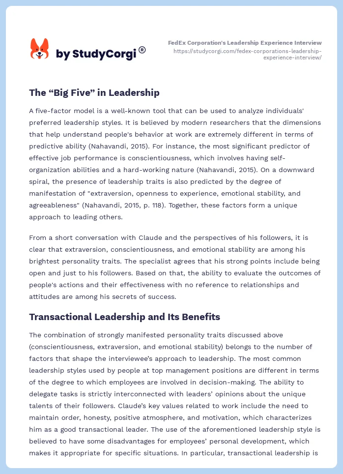 FedEx Corporation's Leadership Experience Interview. Page 2