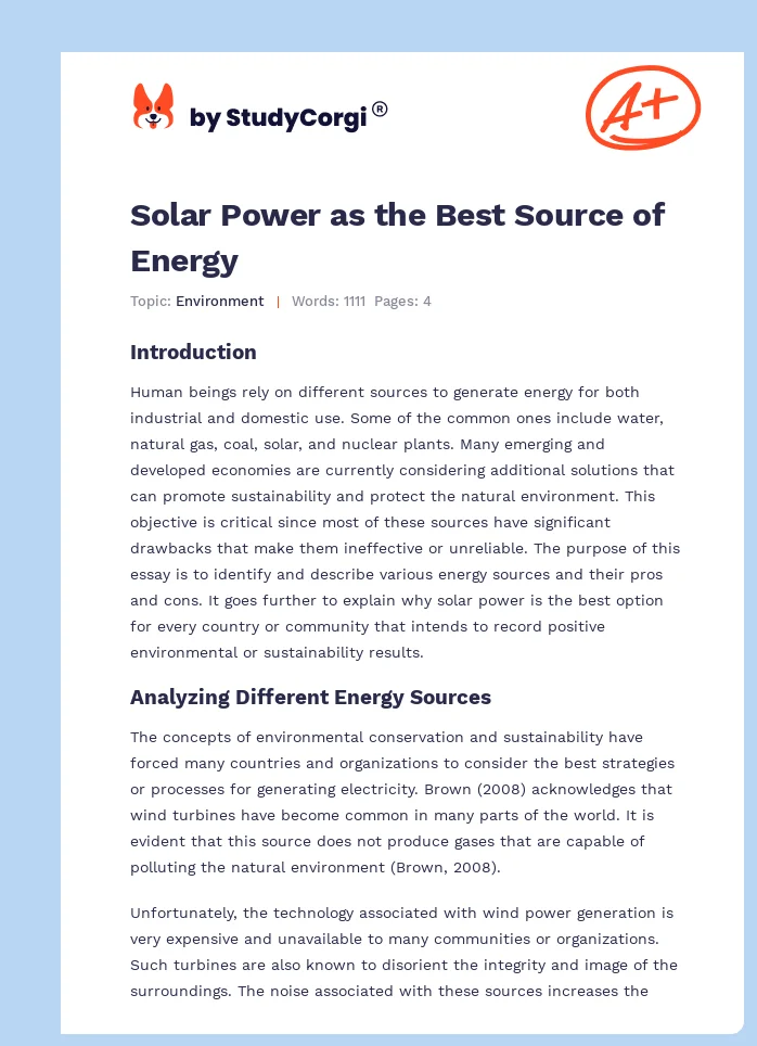 Solar Power as the Best Source of Energy. Page 1