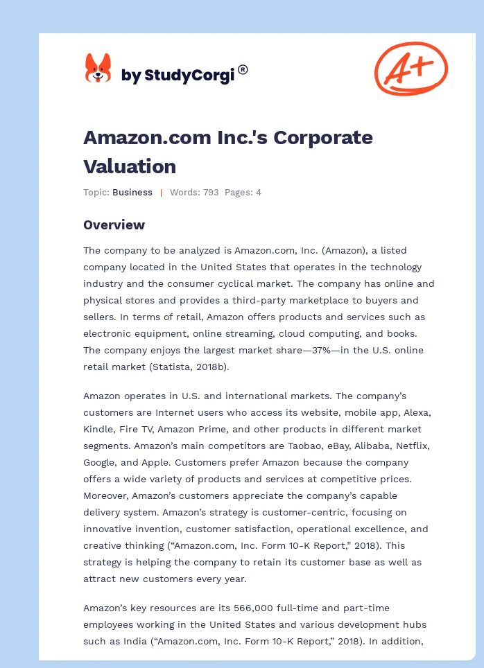 Amazon.com Inc.'s Corporate Valuation. Page 1