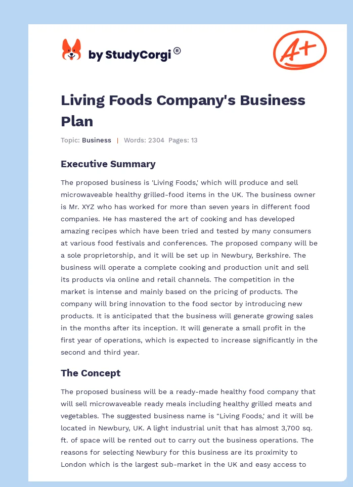 Living Foods Company's Business Plan. Page 1