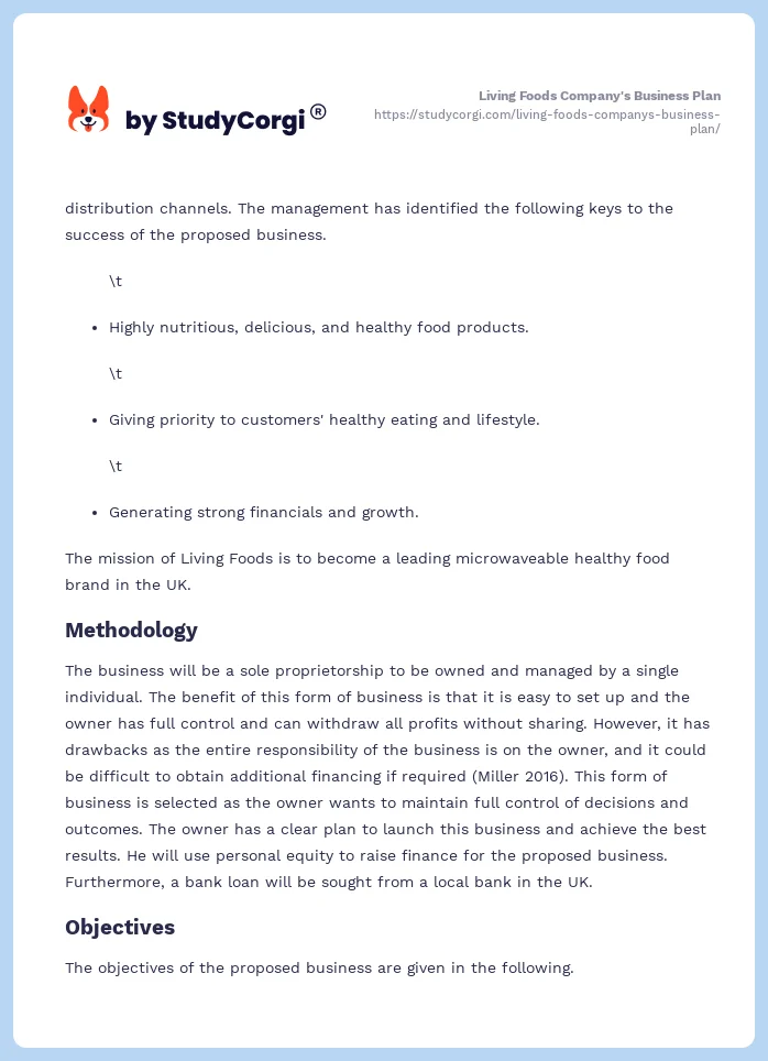 Living Foods Company's Business Plan. Page 2