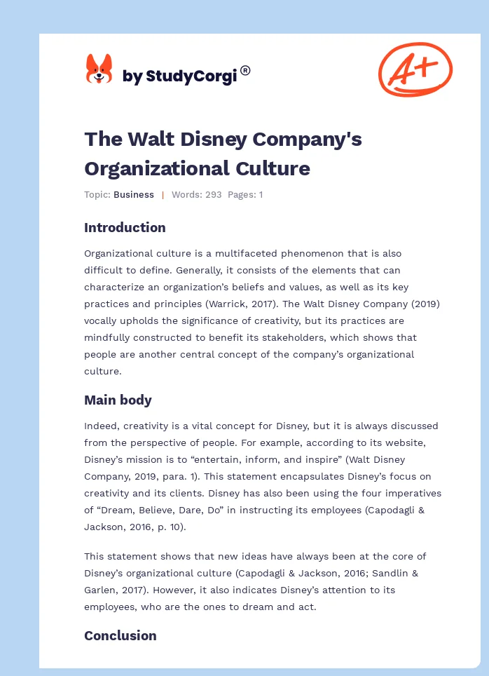 The Walt Disney Company's Organizational Culture. Page 1