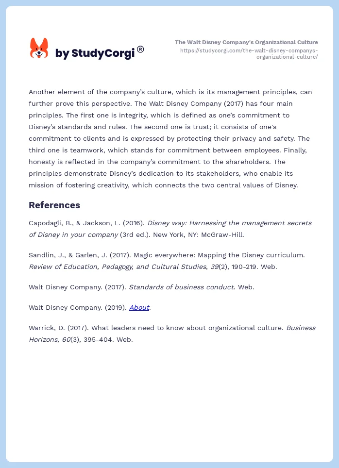 The Walt Disney Company's Organizational Culture. Page 2