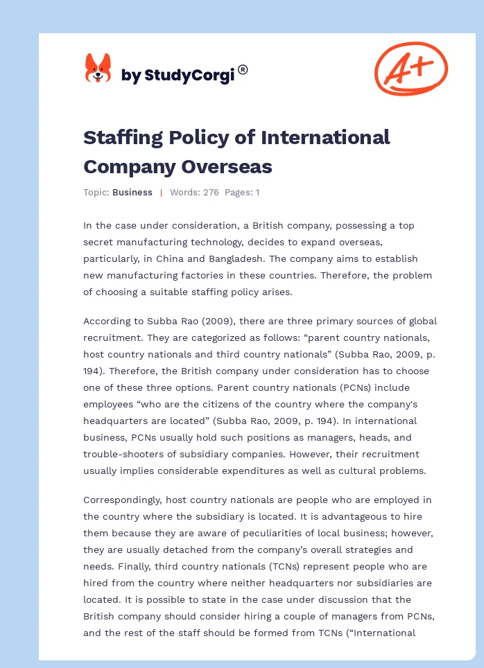 Staffing Policy of International Company Overseas. Page 1
