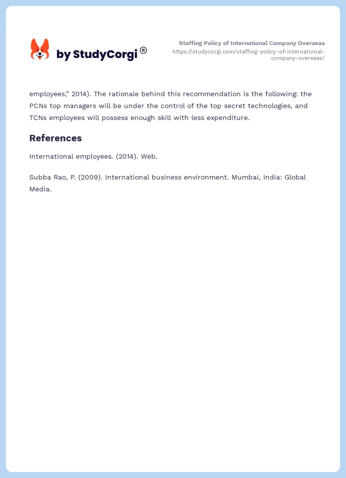 Staffing Policy of International Company Overseas. Page 2
