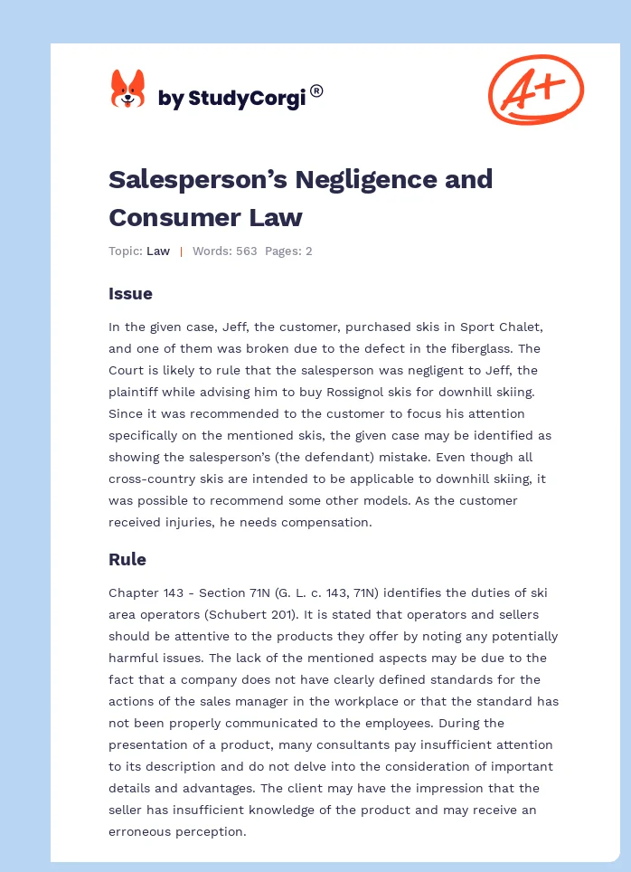 Salesperson’s Negligence and Consumer Law. Page 1