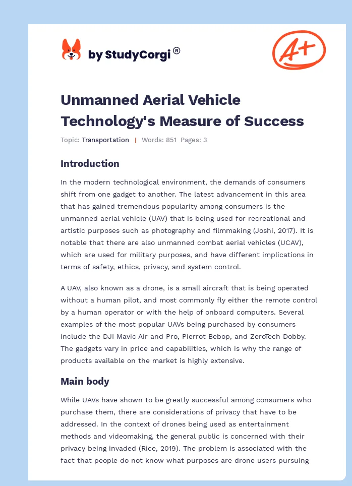 Unmanned Aerial Vehicle Technology's Measure of Success. Page 1