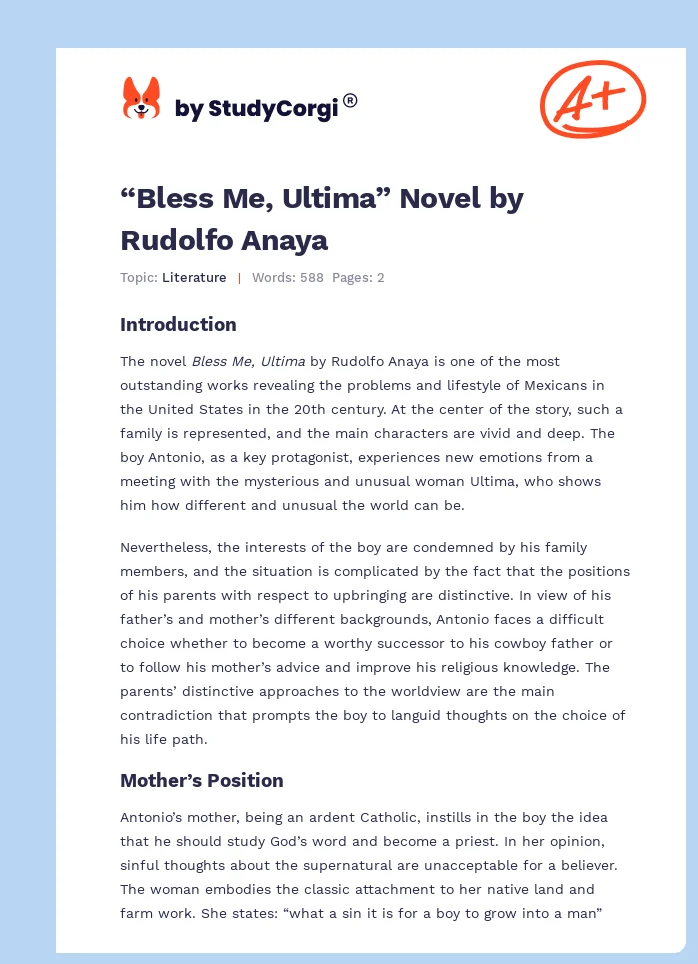 “Bless Me, Ultima” Novel by Rudolfo Anaya. Page 1