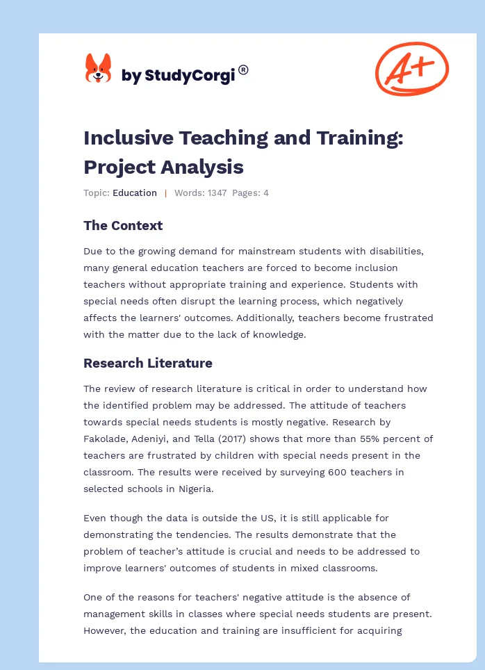Inclusive Teaching and Training: Project Analysis. Page 1