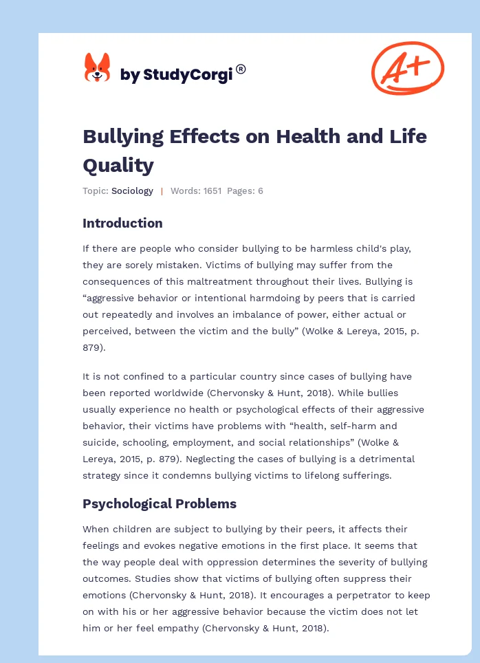 Bullying Effects on Health and Life Quality. Page 1