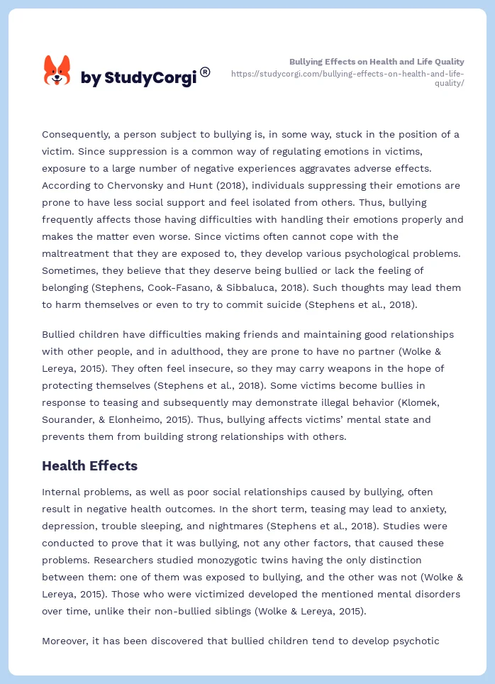 Bullying Effects on Health and Life Quality. Page 2
