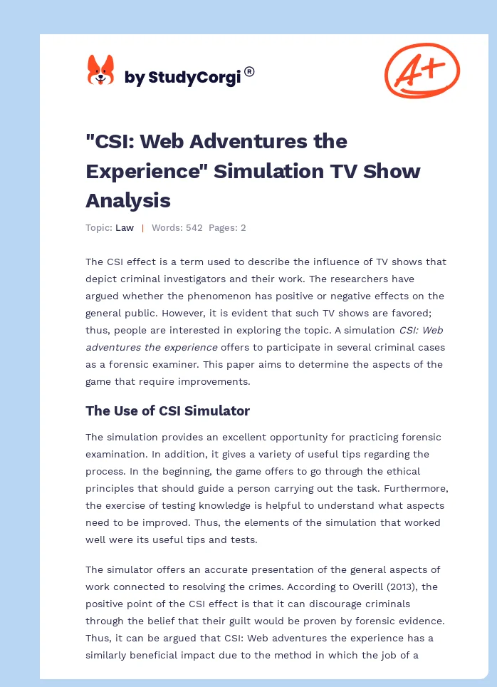 "CSI: Web Adventures the Experience" Simulation TV Show Analysis. Page 1