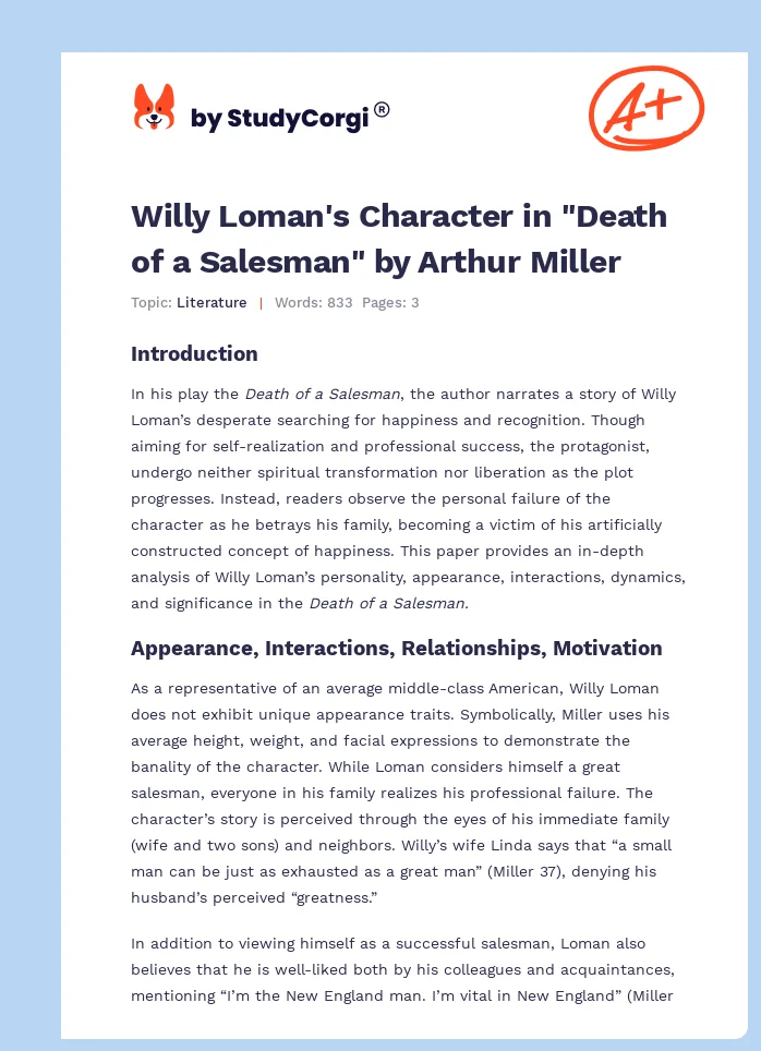 Willy Loman's Character in "Death of a Salesman" by Arthur Miller. Page 1