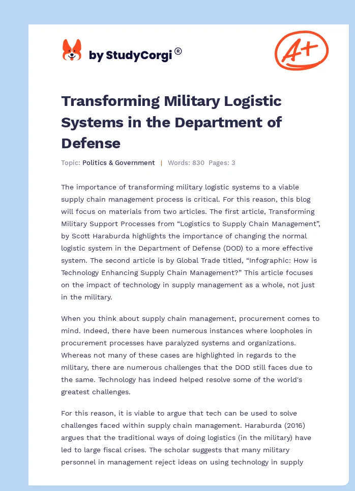 Transforming Military Logistic Systems in the Department of Defense. Page 1