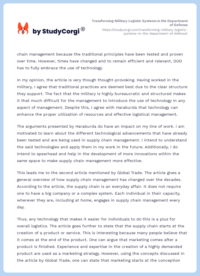 Transforming Military Logistic Systems in the Department of Defense. Page 2