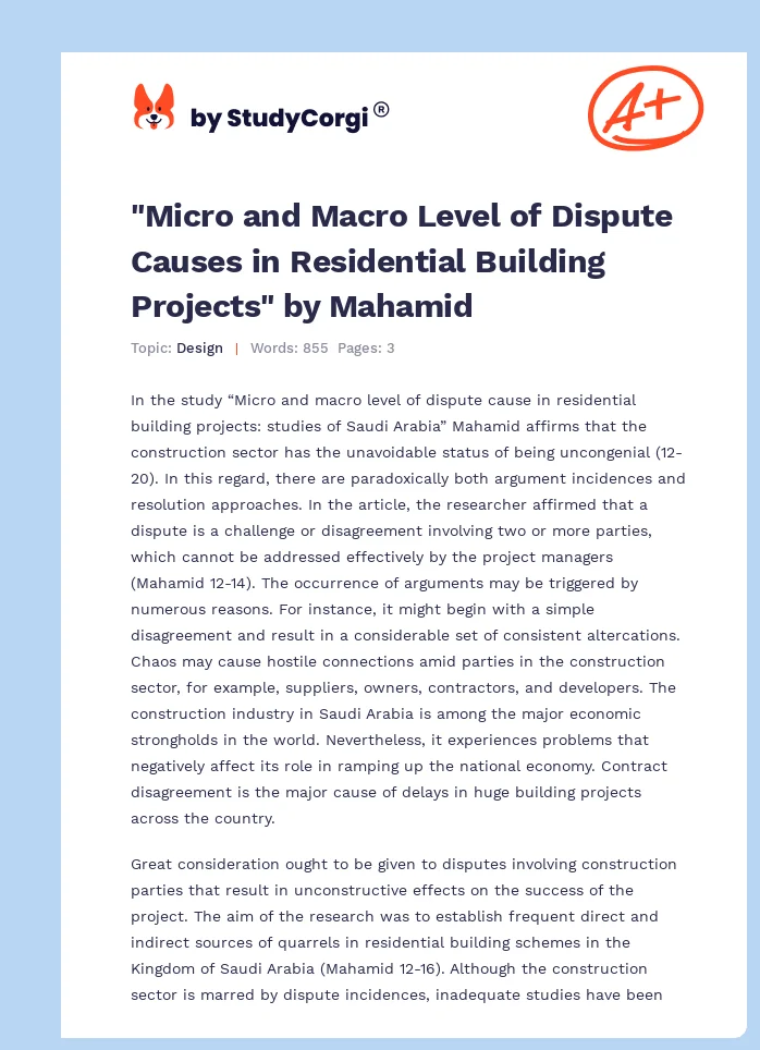 "Micro and Macro Level of Dispute Causes in Residential Building Projects" by Mahamid. Page 1
