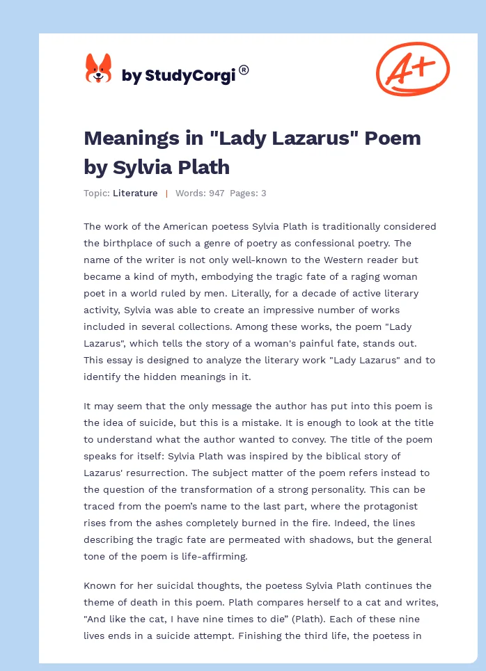 Meanings in "Lady Lazarus" Poem by Sylvia Plath. Page 1
