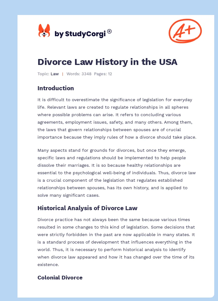 Divorce Law History in the USA. Page 1