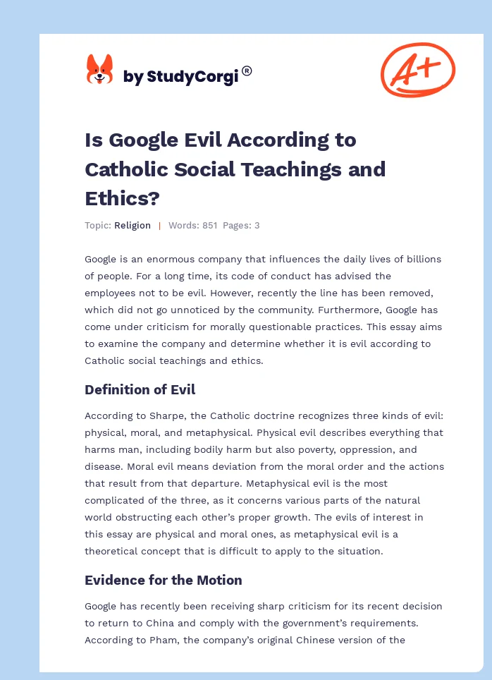 Is Google Evil According to Catholic Social Teachings and Ethics?. Page 1