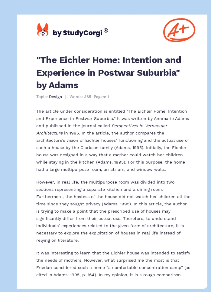 "The Eichler Home: Intention and Experience in Postwar Suburbia" by Adams. Page 1